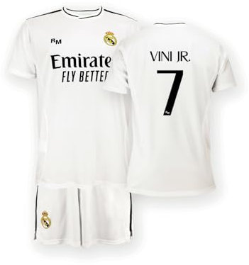 Real Madrid - Conjunto Camiseta y Pantalón Primera Equipación Temporada 24/25, Vini Jr., Niños 4 Años, Replica con Licencia Oficial