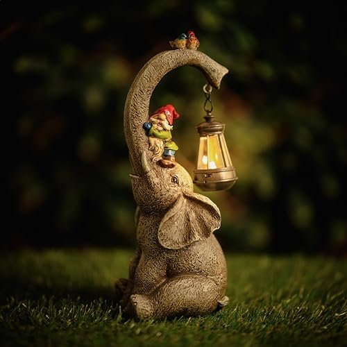 Garden Mile Elephant Solar Garden Ornaments With Lanterns - 28cm Elephant Garden Statues Outdoor Figurines With Solar Powered LED Lights For Garden Decor Durable Resin Outdoor Statues For Patio Yard