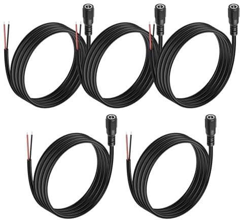 MEIRIYFA 5Pack DC 5.5mm x 2.5mm Female Plug to Bare Wire Open End Power Wire Supply 5521 Pigtail Repair Replacement Cable for CCTV Camera, DVR, LED Strip Light - 1M/3.3FT (Female)