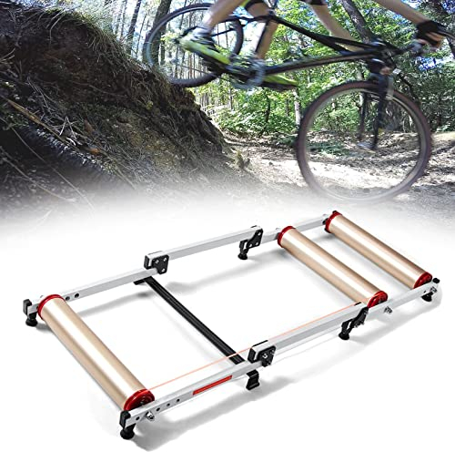 Faltbare Fahrrad-Trainingsplattform, verstellbarer Fahrrad-Rollentrainer mit 130 x 52 cm, 5 verstellbaren Vorderrollen und einem Raddurchmesser von 16-27 Zoll, Fahrradständer für drinnen und drau