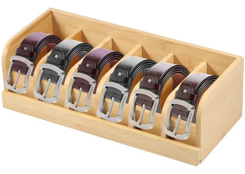 Sutowe Belt Organizer 6 Compartments Belt Storage for Closet and Drawer Bamboo Belt Display Case Belt Box Holder for Men Women Tie Jewelry Watch(Log)