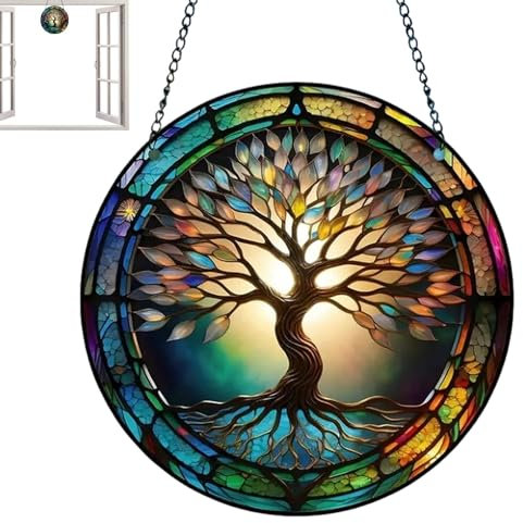 jlceh Panneau de vitrail à Suspendre, Arbre d'ornement de fenêtre | Décor de fenêtre coloré Arbre de Vie/Libellule/Papillon - Attrape-Soleil décoratif en vitrail de Jardin, pour l'extérieur,