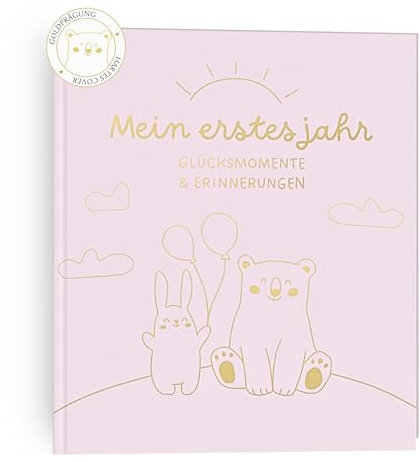 HuBorns - Mein Erstes Jahr Babyalbum bis 5 Jahre zum Einkleben von Fotos und Schreiben mit 50+ Seiten und Stickern, Fotoalbum Baby Mädchen und Jungen, Erinnerungsbuch Ideal als Geschenke zur Geburt