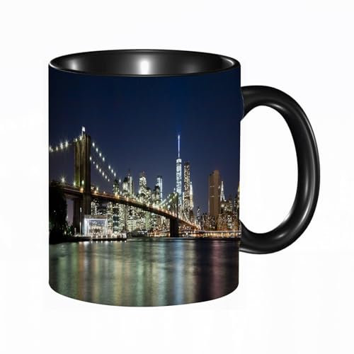 EKLMPS Original Mug en céramique,idéal comme cadeau,impression de haute qualité,mug à motifs,mug à thé,à café,330ml,New York, New York City Skyline de New York Pont de Brooklyn Nuit