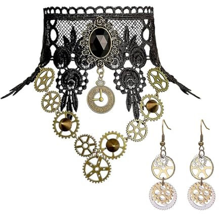 XINDY Steampunk Accessoires Steampunk Kostüm Damen, Zahnräder Steampunk Halskette Spitze Gotisch Choker Halskette Steampunk Ohrringe Gothic Schmuck für Halloween Karneval Fasching Kostüm Damen