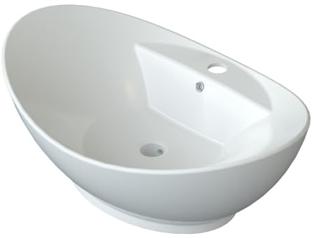 AQUALAVOS Lavabo ovale da appoggio per il bagno, 59 x 38,5 x 21,5 cm, piccolo, bianco, per il bagno, gli ospiti, senza base, lavabo a mano con troppopieno e foro per rubinetto, bordo ultra sottile
