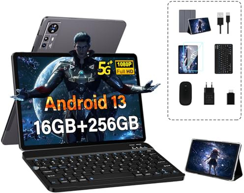 fezawio Tablet 11 Pulgadas 2K Android 13 Tablet 16GB RAM+256GB ROM (TF 512GB)|8600 mAh|5MP+13MP+2MP| 2000 * 1200pixels |Bluetooth 5.0 |5G+2.4G WiFi |Octa-Core|con Teclado + Ratón+Funda,Gris