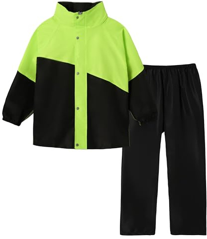 Volunboy Enfants Imperméable à Capuche Boutons Manteau Veste de Pluie et Pantalon Combinaison pour Fille Garçon(13-14 ans,Vert Noir,4XL)