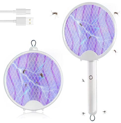 BNGXR Raqueta Mosquitos Electrica, 3 en 1 3000V Plegable Raqueta Matamoscas 800mAh USB Recargable Portátil Matamoscas Electrico Ultravioleta Luz 3 Capas Malla de Seguridad para Interior (Blanco)