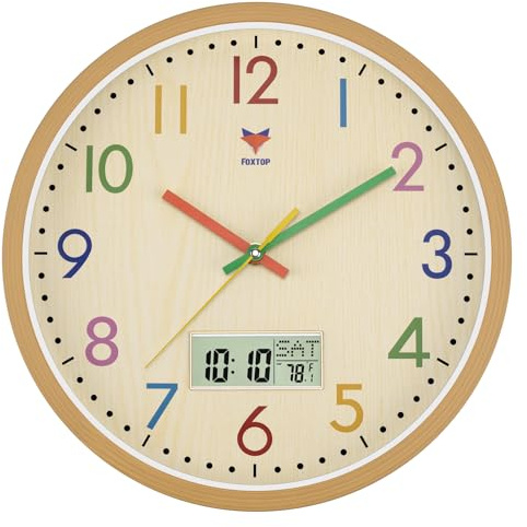 Foxtop Digital and Analog Kids Wall Clock 12 Inch Silent Non-Ticking Battery Operated Kids Clock for Kids Room Playroom Nursery Classroom School