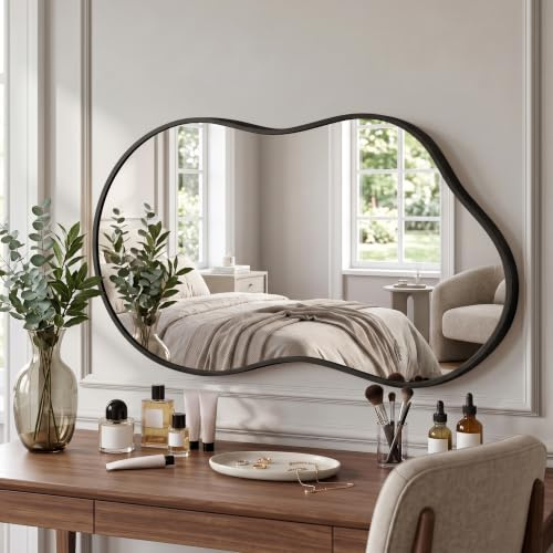 Fahomiss Wandspiegel Metallrahmen Unregelmäßig, Moderner Design Spiegel, Dekospiegel für Wohnzimmer, Flur, Schlafzimmer (Schwarz, 115L x 65B cm)
