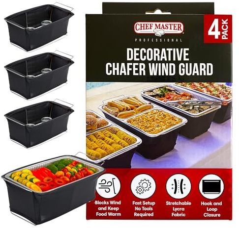 Chef Master Chafer Wind Guard for Buffet Chafing Dish, Strong Fabric 4-Pack | Shields Chafing Dish Flames From Wind & Drafts, Retains Heat Longer, Keeps Buffet Food Warmer, Flame-Retardant Fabric, 90081