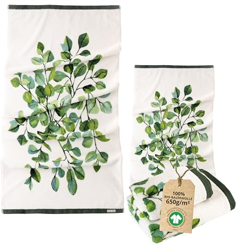 ZWOLTEX - Handtücher Premium Art Design - Eucalyptus, Bedrucktes Handtuch Set: 50x100 und 70x140 cm, Badehandtuch aus 100% Organic Baumwolle 650g mit GOTS-Zertifikat, Weich und Saugfähig Towel