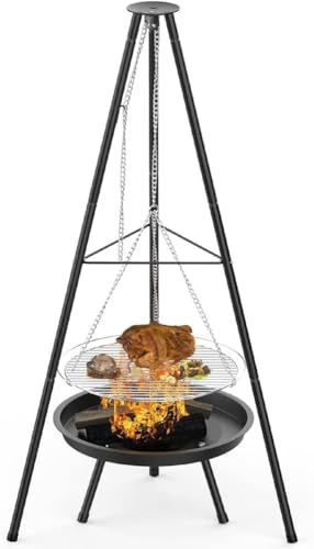 BBQ Tripod With Hanging 58cm Dia Chromed Grill,160cm Height Adjustable Folding Camping Portable BBQ Fire Pit,bbq tripod with hanging grill Picnics Garden Beach Party