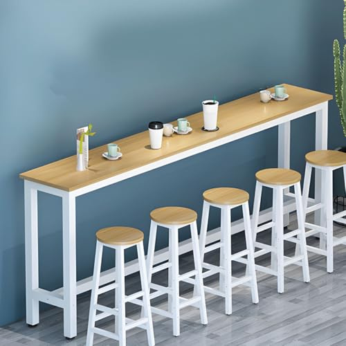 Rechteckiger Bartisch aus Holz für Küche, Zuhause, Balkon, 180 cm lang, 40 cm breit, Naturweiß, hohe Beine, ideal für Teeshop, Wandbar (ohne Stühle)