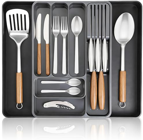 MEETOZ Cutlery Drawer Organiser Cutlery Drawer Organiser Large, Expandable Cutlery Tray for Kitchen Drawer, for Kitchen Drawers, Cutlerys Holder Rack for Knives, Forks, Spoons, Chopsticks