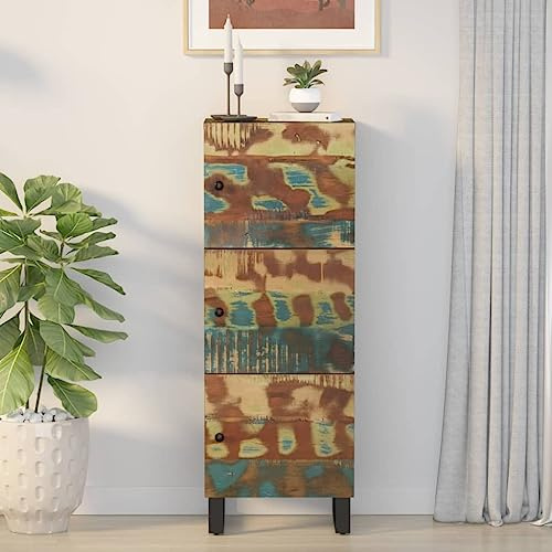 GeenYuu Highboard aus Altholz Massiv & Eisen, 40x33x110 cm, mit 3 Türen, recyceltes Holz, schmale Kommode für Wohnzimmer, industrieller Stil