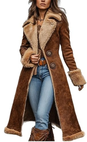 Veste en fausse peau de mouton pour femme - Manteau en polaire à manches longues - Style western vintage, marron, 3XL
