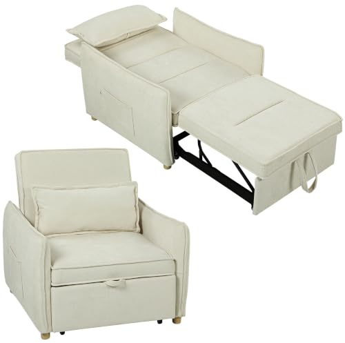 HOMCOM Schlafsessel 3 in 1 mit Bettfunktion, Breiter Sitzfläche, Cremeweiß | Umwandelbarer Sessel, Verstellbare Rückenlehne, Schlafsofa mit Lendenkissen, Seitentasche, Chenille-Optik, Wohnzimmer