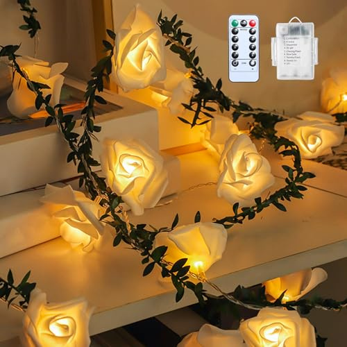 3M Künstliche Lichterkette Blumen, Lichterkette Rosen Ranken Mit 20-Led Licht Hängende Rosen Lichter Blumengirlande mit Fernbedienung Timer für Hochzeitsfeier Dekor (D)