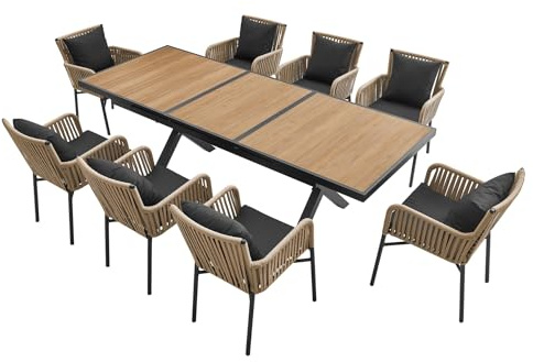 MAT-COMPANY Gartenmöbel Set 9-teilig ausziehbarer Gartentisch 180 240 cm mit 8 Stühlen Schnurgeflecht Rope Braun Schwarz Outdoor Sitzgruppe