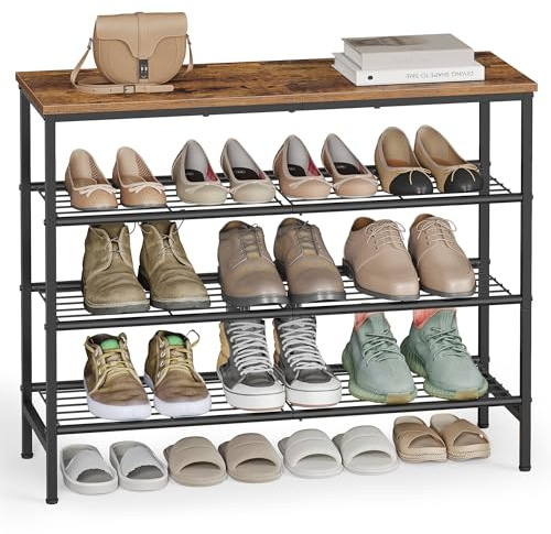 VASAGLE Schuhregal, Metallgestell, für 12-16 Paar Schuhe, 4 Ebenen | Schuhregal, 30 x 75 x 69 cm, Flur, Wohnzimmer, Schlafzimmer, vintagebraun, BARNET Kollektion LBS049KD01