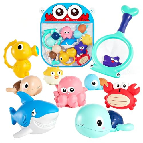 KADAYAYA Juguetes de Baño Sin Agujeros, Juguetes Bañera Bebés 6 Meses | 11 Piezas, Juguetes de Baño Sin Moho, Con Bolsa de Drenaje, Para Piscina, Bañera y Playa, Regalo para Niños y Niñas