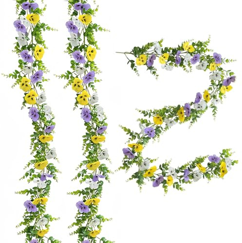 2 Pcs 6 ft Artificial Flowers Pansy Garland, Fake Hanging Spring Flowers Garland for Home, UV Resistant Faux Flower with Eucalyptus Leaves Decor for Table Porch Stairs (White, Purple, Yellow)