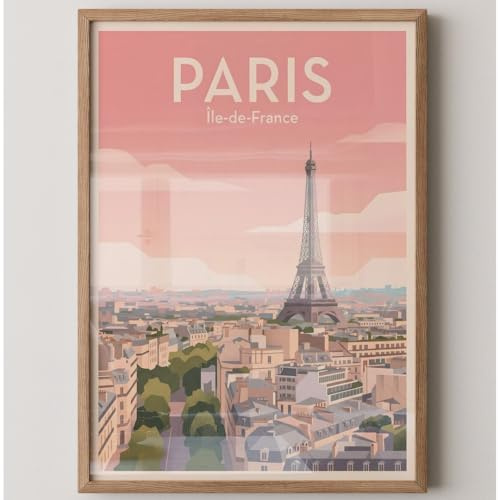 MJ-GRAPHICS® Poster Paris Kunstdruck Eiffelturm Wandbild Frankreich Deko minimalistisch Pastellrosa Wohnzimmer Deko Bild für Skandinavisch Einrichtung A4 mit weißem Rahmen