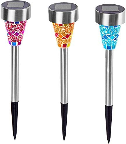 DRULINE 3er Set LED Solarlampe - Solarleuchte mit Erdspieß - LED Solarleuchte Erdspieß - Gartenleuchte Solar - Metall/Glas mehrfarbig transparent - B/H ca. 7 x 38,5 cm