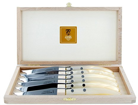 Cdozorme 3222 Coffret 6 couteaux steak Laguiole, 22 cm, inox à dents, manche nacrine (naturel). Non garantis lave-vaisselle.