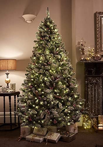 7ft/210cm Premium Christmas Tree Snowy Flocked Windsor Pinecones & Berries Pre Lit with 900 Micro Warm White & Multi Colour LEDs - Includes On/Off Foot Pedal