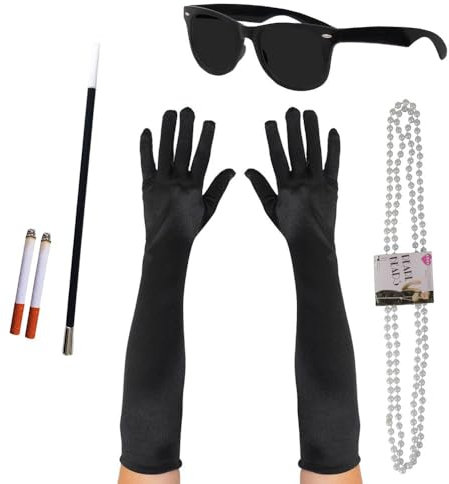 Morgenfrühstück Damen Kostüm Set mit langem Ellenbogen schwarzen Handschuhen, Zigarettenhalter, 2 gefälschte Zigaretten, Schwarze Sonnenbrille, Perlenkette – 1920er Jahre Resturant Smoking Woman