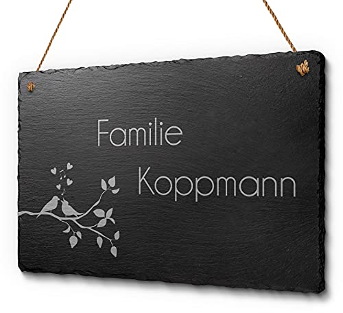 Schöne Schiefer Türschilder für die Haustür mit Gravur | Schiefer-Schild mit Kordel zum Aufhängen in ca. 30x20 cm Gravierte Namensschilder Klingelschilder mit Namen oder Texten Herzlich Willkommen