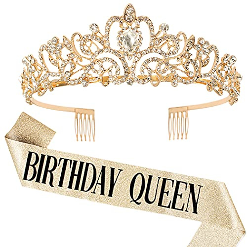 COCIDE Birthday Queen Sash & Rhinestone Tiara Set Gold Happy Birthday Crowns for Women Party Decoration Kit Rhinestone Headband for Women Glitter Crystal Hair Accessories for Cake Topper