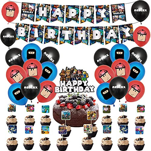 Roblox Gaming Banner & Cake Decorations - Gamer Birthday Favours for Kids