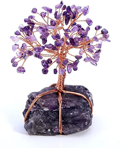 RSTJVB Cristal Naturel Ornement d'arbre de Vie en Pierres roulées, Arbre d'argent de guérison Reiki Décor de Pierres précieuses Feng Shui,Amethyst