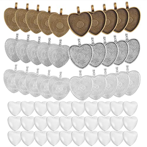 COGCHARGER 30-teiliges Strass-Lünetten-Anhänger-Set mit 30 Herzanhängern aus Legierung, Cabochon-Einstellungen, 30 transparente Herzglas-Cabochons für Schmuckherstellung