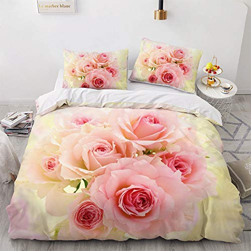 Luowei Blumen Bettwäsche 135x200cm Rosa Rosen Blüten Bettbezug Set 2 Teilig Weiche Microfaser Mädchen Bettwäsche mit Reißverschluss und 1 Kissenbezug 80 x 80cm