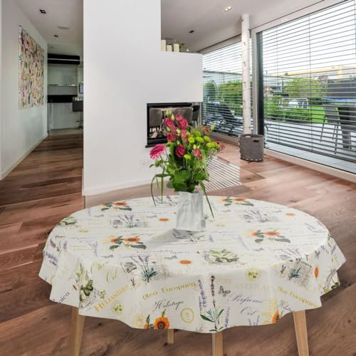 laro runde 140 cm wachstuchtischdecke wachstischdecke abwashbar PVC tischdecke Wachstuch wasserabweisend Garten tischdecke, Muster:Olive Sonnenblume Lavendel Sommer
