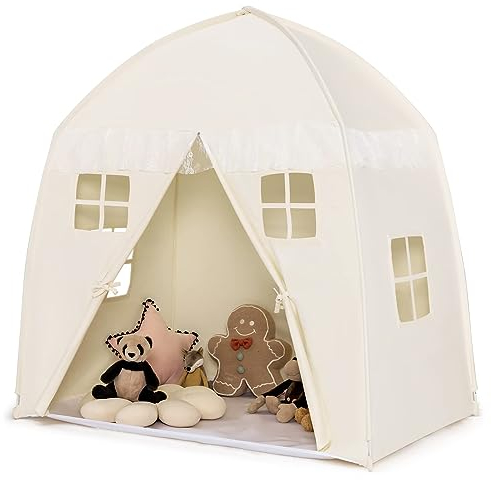 DREAMADE Kinderzelt für Drinnen, Kinder Spielhaus Indoor mit Tragetasche, Tipi Zelt Kinderzimmer Kinderspielzelt, Prinzessin Spielzelt für Kinder 143x100x155cm (Beige)