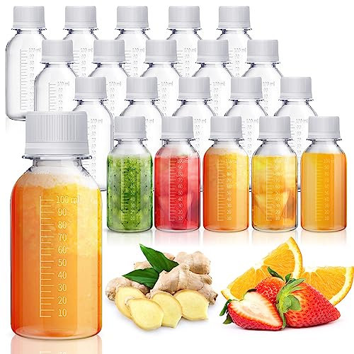 Zubebe 24 Pcs Plastic Bottles with Caps Clear Ginger Shots Bottles with Lids Leak Proof Small Juice for Freezer Mini Water Containers for Drink Milk Beer Coffee Liquid(3.3 oz)
