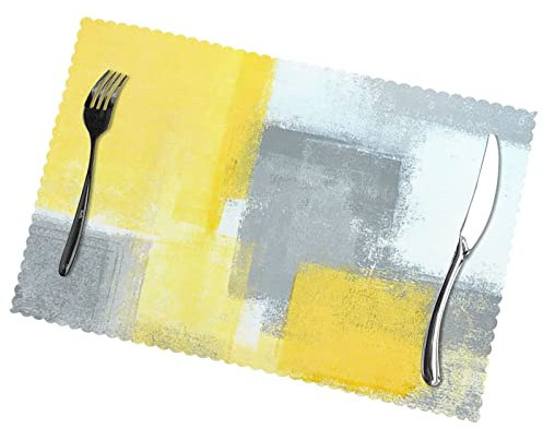 Grey And Yellow Abstract Art Painting Placemats Set Of 6 Home Dining Gifts Non-Slip Table Mats Heat Resistant Table Placemats 45x30 Cm