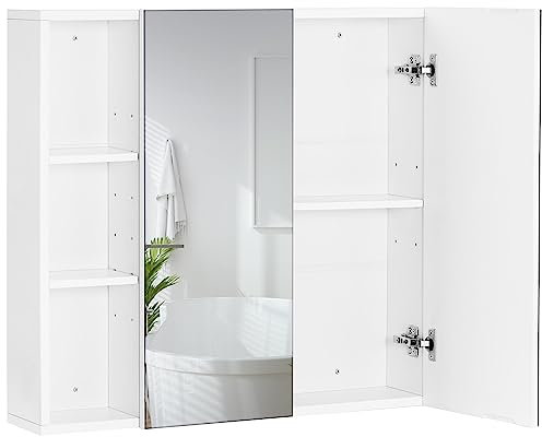 Yaheetech Bathroom Mirror Cabinet, Wall Mounted Cabinet with Adjustable Shelf and Open Storage, Hanging Cupboard for Living Room, Laundry Room, Mudroom