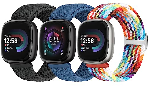 Yunshare 3 Stück Geflochtenes Armband Kompatibel mit Fitbit Versa 4 /Fitbit Sense 2/Fitbit Versa 3/Fitbit Sense, Weiches Elastisch Nylon Sport Solo Loop Ersatzband Damen Herren