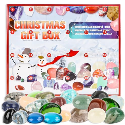 Adventskalender 2025 für Kinder Kristalle, Weihnacht Countdown Kalender 24 Stück natürlicher Edelstein Gesteine und Mineralien zum Sammeln und Lernen für Jungen,Mädchen
