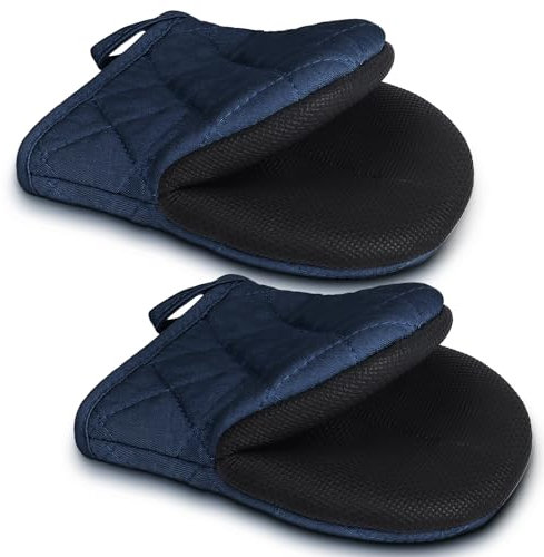 1 Pair Short Oven Mitts - Silicone Kitchen Oven Gloves High Heat Resistant 500℉, Mini Oven Mits with Non-Slip Grip Surfaces and Hanging Loop for BBQ, Baking, Cooking and Grilling (Dark Blue)