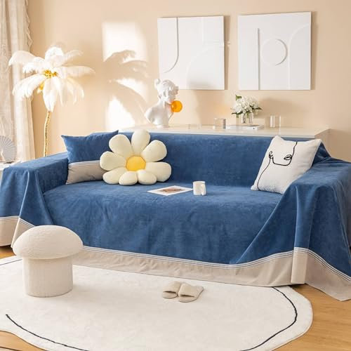 Gualiy Sofa Bezug 200x300cm, Zweifarbige Nähte Couch Überzug 3 Sitzer Sofabezug Antirutsch Dunkelblau Couchbezug für Wohnlandschaft