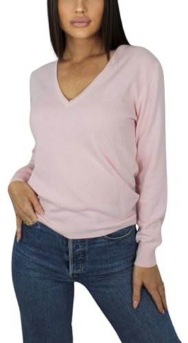 Pull Femme Col en V en Cachemire, Fabriqué en Italie (FR/ES, Alpha/Lettres, S, Taille Normale, Taille Normale, Rose pâle)
