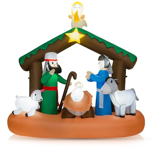 GOPLUS 180cm aufblasbare Weihnachtskrippe, Weihnachtsdeko mit 7 LED-Lichtern über die Geburt von Jesus, Weihnachtsbogen mit Stern, Engel, Lämmchen & Esel für drinnen & draußen